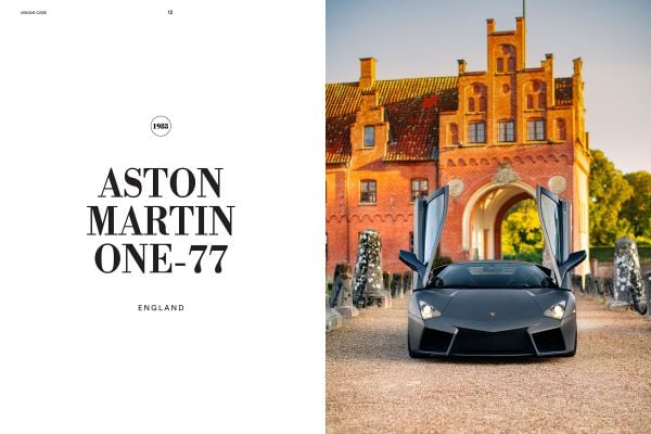 Book cover of Iconic Cars: The Greatest Modern Classics, with a dark red Lamborghini Aventador J Roadster parked on the coastline. Published by Lannoo Publishers.