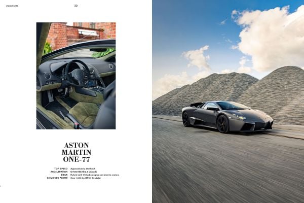 Book cover of Iconic Cars: The Greatest Modern Classics, with a dark red Lamborghini Aventador J Roadster parked on the coastline. Published by Lannoo Publishers.