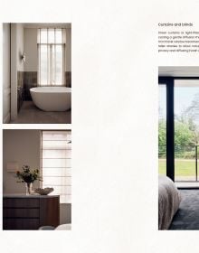 Book cover of Japandi: Serene Homes and Thoughtful Living, with a calming, natural color living interior with soft sofas and a view through large windows of a lake. Published by Lannoo Publishers.