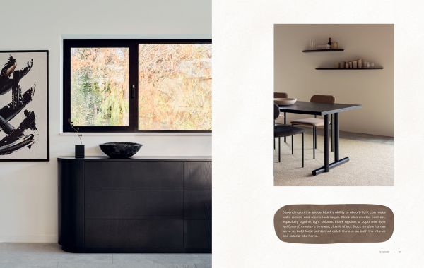 Book cover of Japandi: Serene Homes and Thoughtful Living, with a calming, natural color living interior with soft sofas and a view through large windows of a lake. Published by Lannoo Publishers.