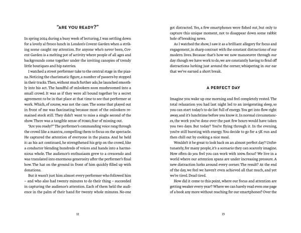 Book cover of Focus is the New Gold: How to Reduce Stress and Increase Productivity in a Distracted World, with a figure standing on top of mountain, playing a long instrument. Published by Lannoo Publishers.