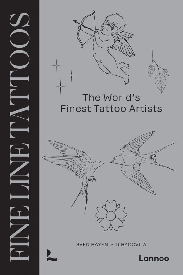 Book cover of Fine Line Tattoos: The World’s Finest Tattoo Artists, with tattoos of swallows and an angel with a bow and arrow. Published by Lannoo Publishers.