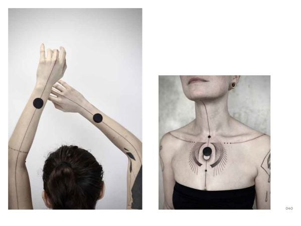 Book cover of Fine Line Tattoos: The World’s Finest Tattoo Artists, with tattoos of swallows and an angel with a bow and arrow. Published by Lannoo Publishers.