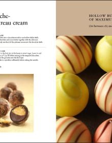 Book cover of Fine Chocolates: Gold; with two luxury chocolates with caramel swirls on top. Published by Lannoo Publishers.