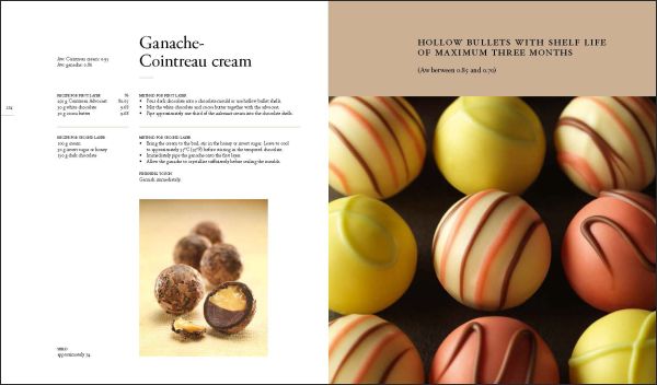 Book cover of Fine Chocolates: Gold; with two luxury chocolates with caramel swirls on top. Published by Lannoo Publishers.