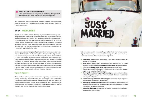 Book cover of Eventplanner: How to Organise Impactful Events; featuring a stage being set up for a band. Published by Lannoo Publishers.