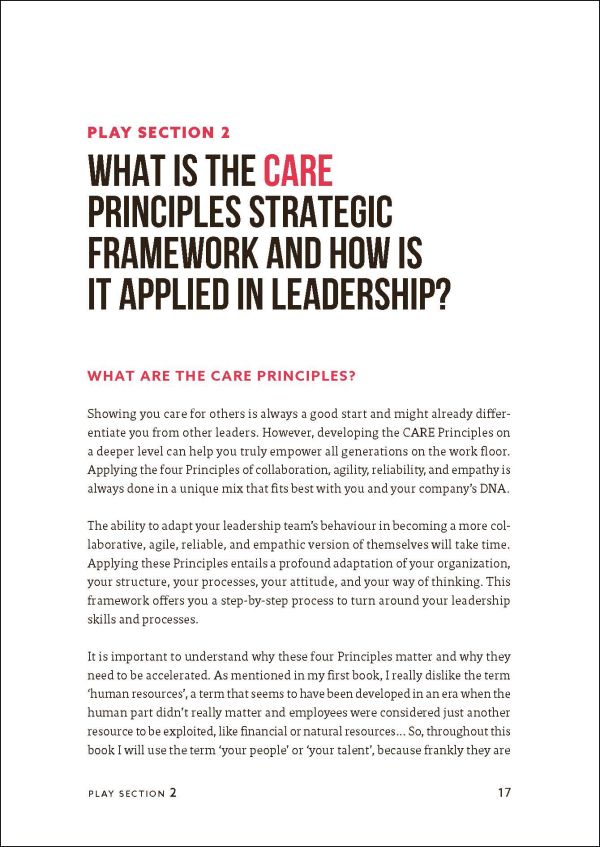 Book cover of The CARE Principles – Leadership Playbook: 20 Steps to Engage Diverse and Multi-Generational Teams. Published by Lannoo Publishers.