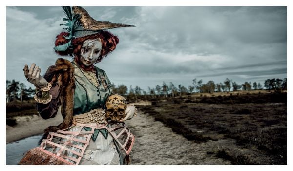 Book cover of Mothmeister: Sinister and Spiritual Post-Mortem Fairy Tales, featuring a dark figure with a black cockerel. Published by Lannoo Publishers.