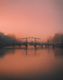 Book cover of A New Light on Amsterdam, with a misty view of a canal, and a bird flapping its wings while perched on a post. Published by Lannoo Publishers.