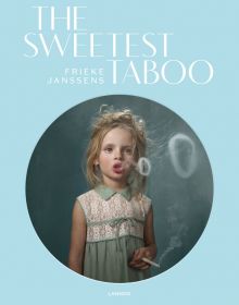 Young blonde child in sleeveless white and green dress, smoking a cigarette, on cover of 'The Sweetest Taboo', by Lannoo Publishers.