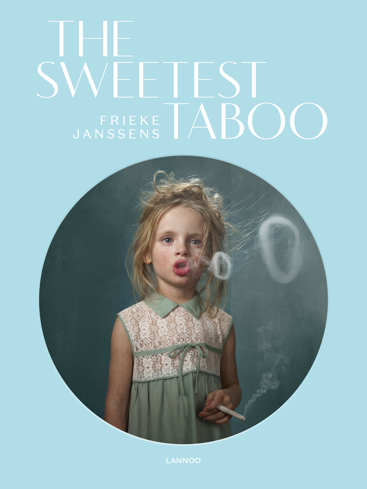 Circle photo of blonde child in dress, smoking, THE SWEETEST TABOO FRIEKE JANSSENS in white font on light blue cover