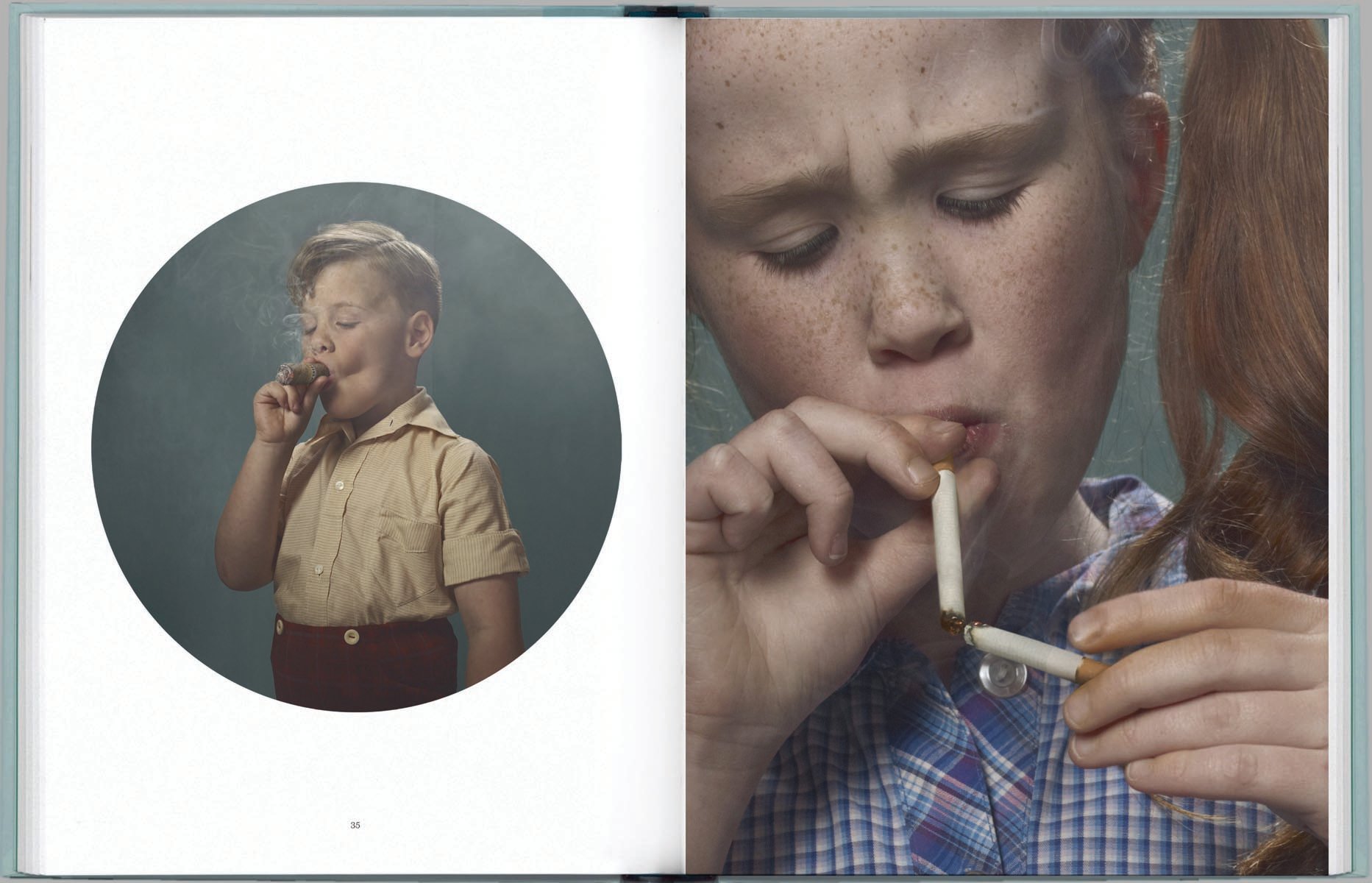 Young blonde child in sleeveless white and green dress, smoking a cigarette, on cover of 'The Sweetest Taboo', by Lannoo Publishers.