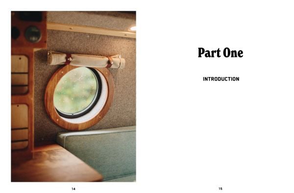 Book cover of Build a Campervan: The Definitive Guide, featuring an aerial view of a campervan with its contents laid out on the grass. Published by Lannoo Publishers.