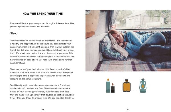 Book cover of Build a Campervan: The Definitive Guide, featuring an aerial view of a campervan with its contents laid out on the grass. Published by Lannoo Publishers.