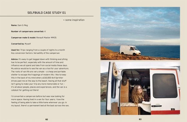 Book cover of Build a Campervan: The Definitive Guide, featuring an aerial view of a campervan with its contents laid out on the grass. Published by Lannoo Publishers.