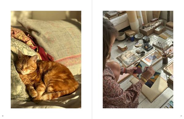 Book cover of An Artist’s Journey: A Celebration of Colour, Creativity, Curiosities, Travel and Design, with a table of paintings, pastels and paintbrushes. Published by Lannoo Publishers.