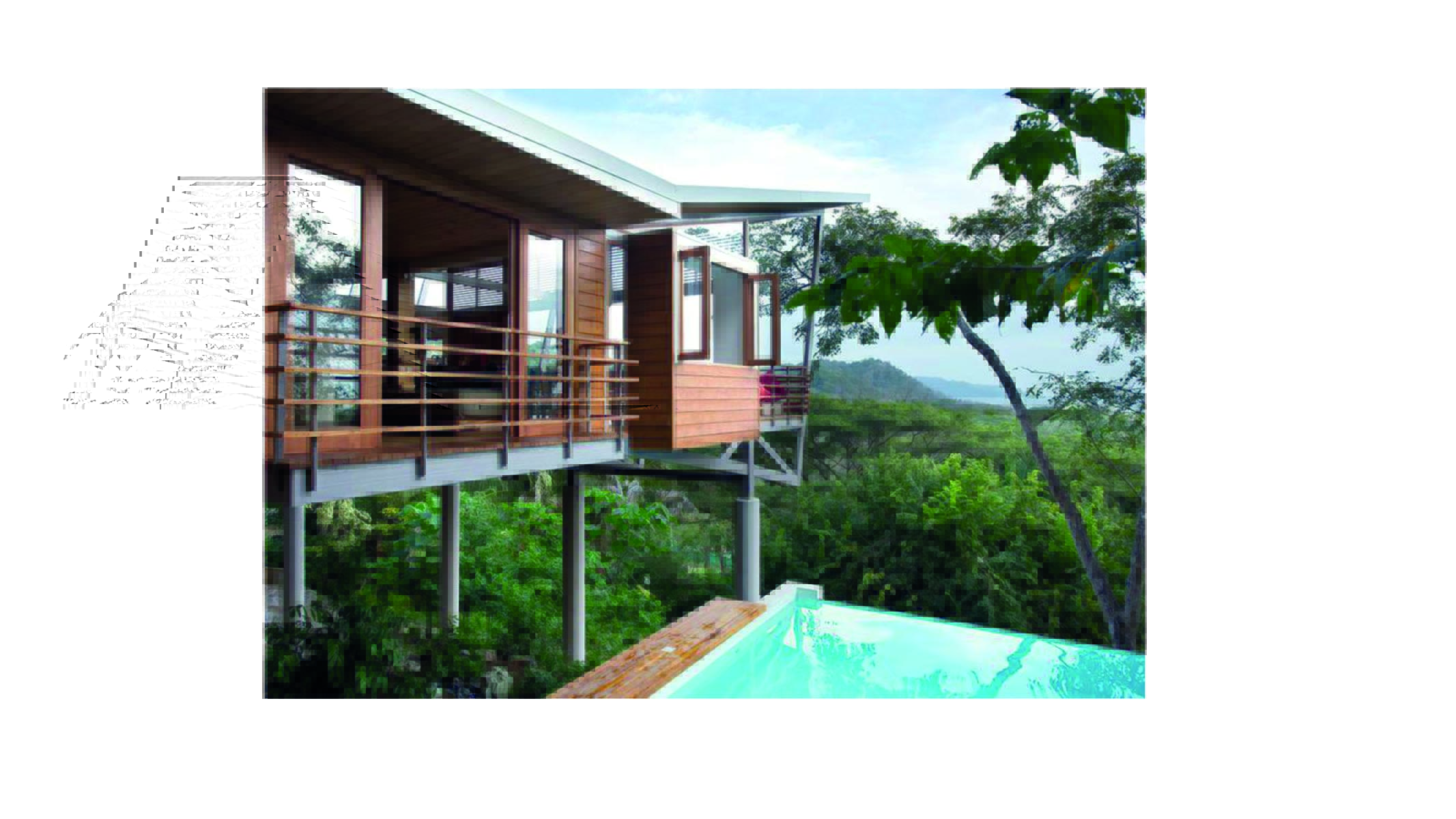 Holiday home with trees, looking out to seascape, deckchairs below, Ocean View in white font