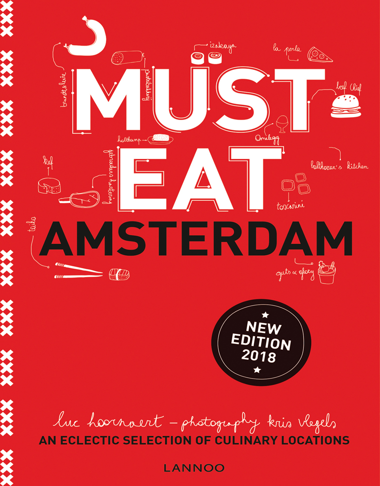 Hamburger, chopsticks, pizza slice, on red cover of 'Must Eat Amsterdam, An Eclectic Selection of Culinary Locations', by Lannoo Publishers.