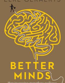 Dotted pathway leading out of yellow brain illustration, figure at top, on cover of 'Better Minds, How Insourcing Strengthens Resilience and Empowers Your Brain', by Lannoo Publishers.
