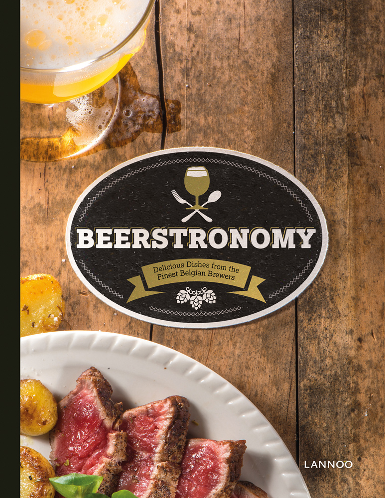 White plate of sliced rare meat, on table, Beerstronomy in white font on black oval banner to centre