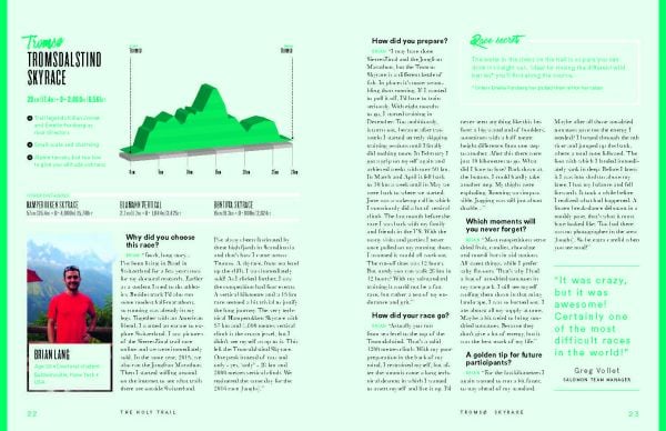 Snow covered mountain landscape with lone runner below, on cover of 'The Holy Trail, 12 Legendary Trails You Should Run', by Lannoo Publishers.