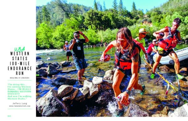 Snow covered mountain landscape with lone runner below, on cover of 'The Holy Trail, 12 Legendary Trails You Should Run', by Lannoo Publishers.