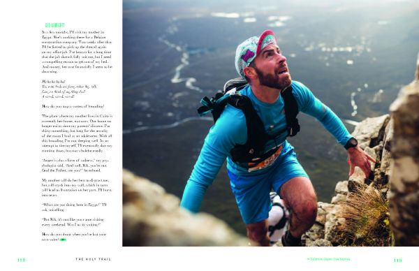 Snow covered mountain landscape with lone runner below, on cover of 'The Holy Trail, 12 Legendary Trails You Should Run', by Lannoo Publishers.