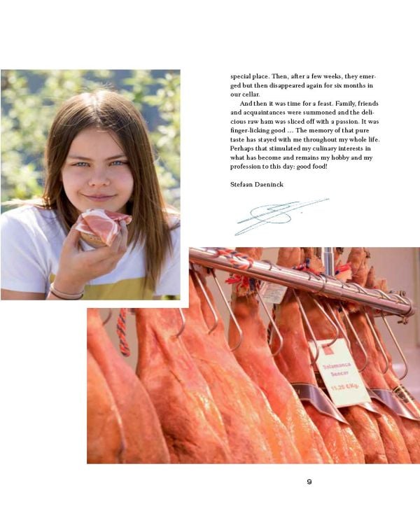 Ham hock with metal hook, tied with string, on charcoal cover of 'Ham, Prime Hams of Europe Stories and Recipes', by Lannoo Publishers.