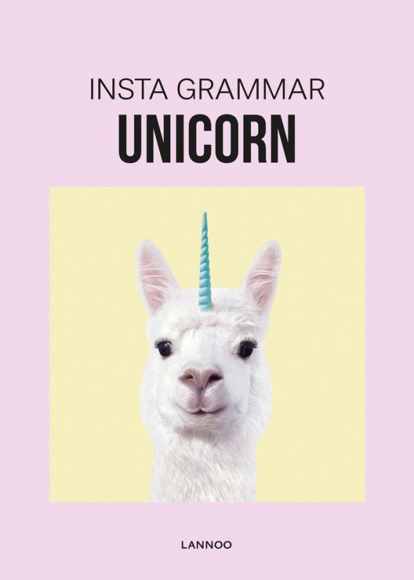 White Llama with blue unicorn horn on head, on pale yellow cover of 'Insta Grammar: Unicorn', by Lannoo Publishers.