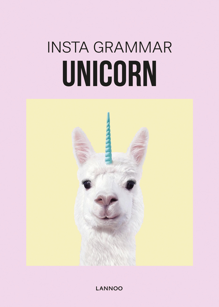 White Llama with blue unicorn horn on head, on pale yellow cover, Insta Grammar: Unicorn in black font on pink border