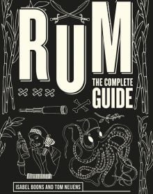 Girl holding bottle of rum, octopus, long telescope, bones, on black cover of 'Rum, The Complete Guide', by Lannoo Publishers.