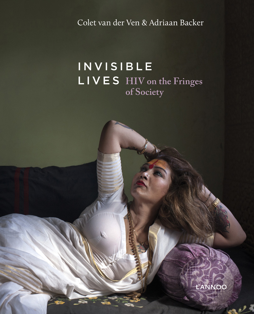 Indian female in white dress leaning on bolster pillow, on cover of 'Invisible Lives, HIV on the Fringes of Society', by Lannoo Publishers.