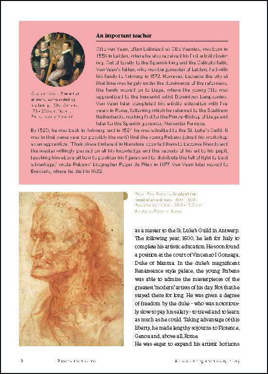 Self portrait of Rubens in black hat, on pink cover of 'Rubens' Antwerp, A Guide', by Lannoo Publishers.