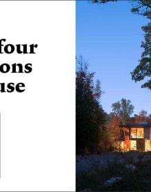 Modern, luxury cabin on remote Norwegian island, covered in snow, on cover of 'Nature View, The Perfect Holiday Homes', by Lannoo Publishers.