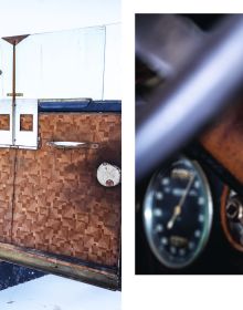 Old unrestored classic car with light blue panels on white cover of 'Mahy. A Family of Cars, The Tranquil Beauty of Unique Classic Cars', by Lannoo Publishers.