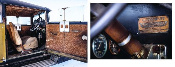 Old unrestored classic car with light blue panels on white cover of 'Mahy. A Family of Cars, The Tranquil Beauty of Unique Classic Cars', by Lannoo Publishers.