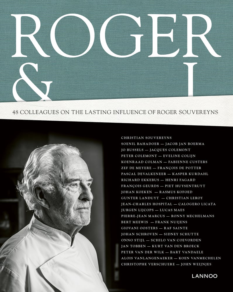 Roger Souvereyns in chef whites, ROGER & I in white font on green banner to top, by Lannoo