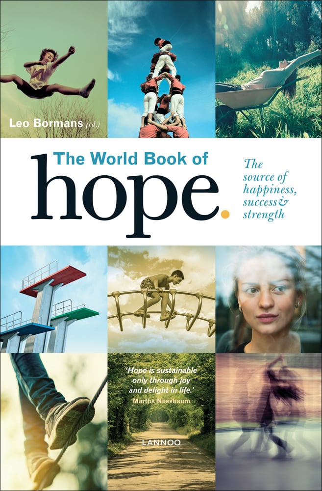 Child leaping, diving boards, couple dancing, The World Book of Hope in blue and black on white centre banner