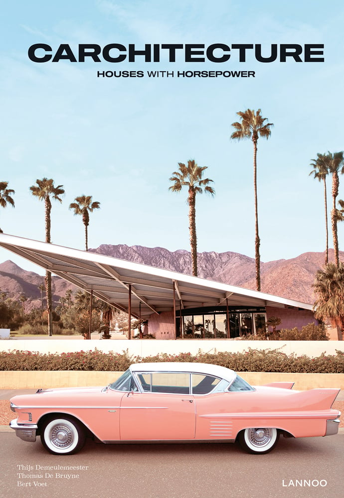 Pink Cadillac sitting in front of modern triangular roofed home, palm trees behind, CARCHITECTURE HOUSES WITH HORSEPOWER in black font above.