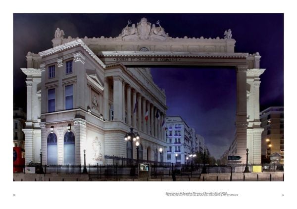 Book cover of The Art of Optical Illusion, featuring a giant optical illusion created at the Louvre Museum by street artist JR. Published by Lannoo Publishers.