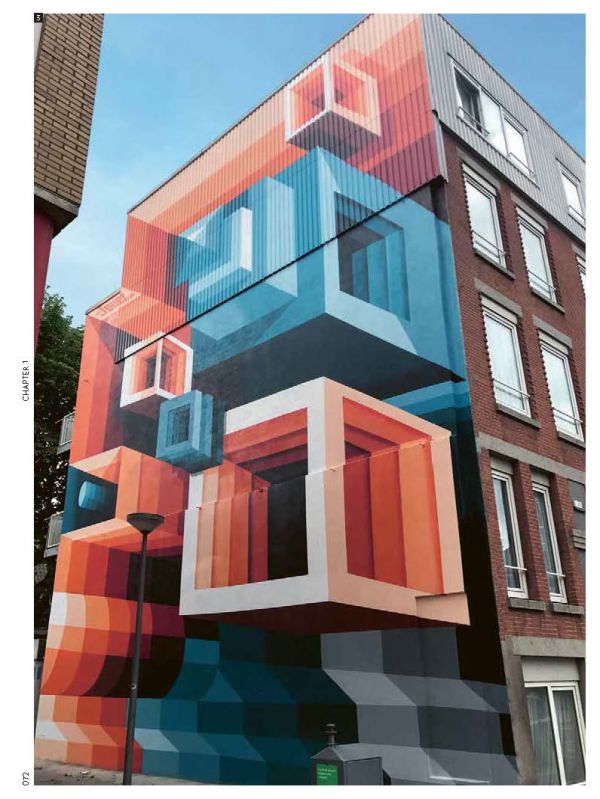 Two artists abseiling down building painting a large gold circle on white concrete, on cover of 'Street Art Today II, The 50 Most Influential Street Artists Today', by Lannoo Publishers.