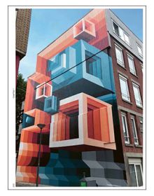 Two artists abseiling down building painting a large gold circle on white concrete, on cover of 'Street Art Today II, The 50 Most Influential Street Artists Today', by Lannoo Publishers.