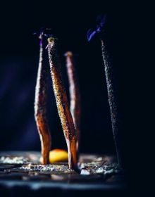 Close up of dark textured aubergine color vegetable, on cover of 'Biotope, Pastorale', by Lannoo Publishers.