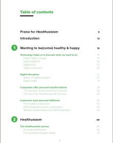 Gold control dial labelled 'sick', 'healthy', 'happy', on white cover of 'Healthusiasm, Making Customers Healthy & Happy', by Lannoo Publishers.