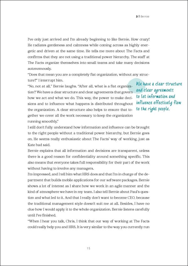 White cover of 'Sociocracy 3.0 – The Novel, Unleash the Full Potential of People and Organizations', by Lannoo Publishers.