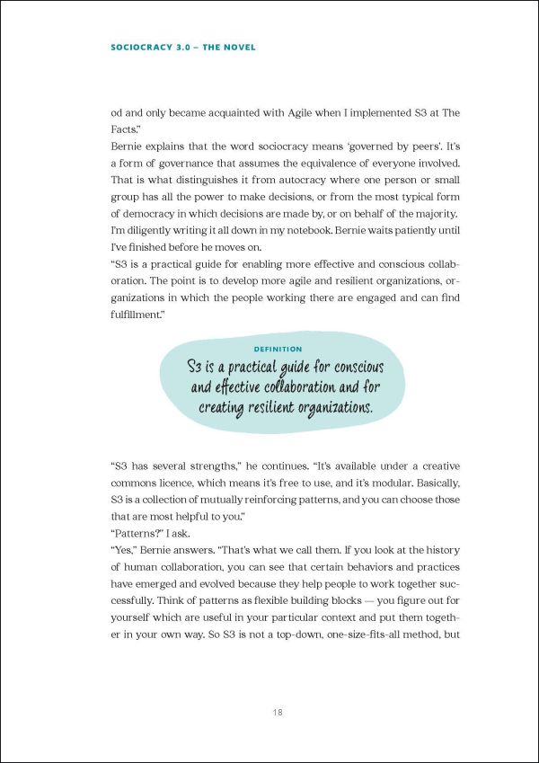 White cover of 'Sociocracy 3.0 – The Novel, Unleash the Full Potential of People and Organizations', by Lannoo Publishers.