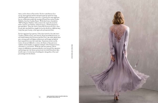 Black and white shot of a negligee with mustard filter over half of image, on cover of 'Garden of Lace, Carine Gilson', by Lannoo Publishers.