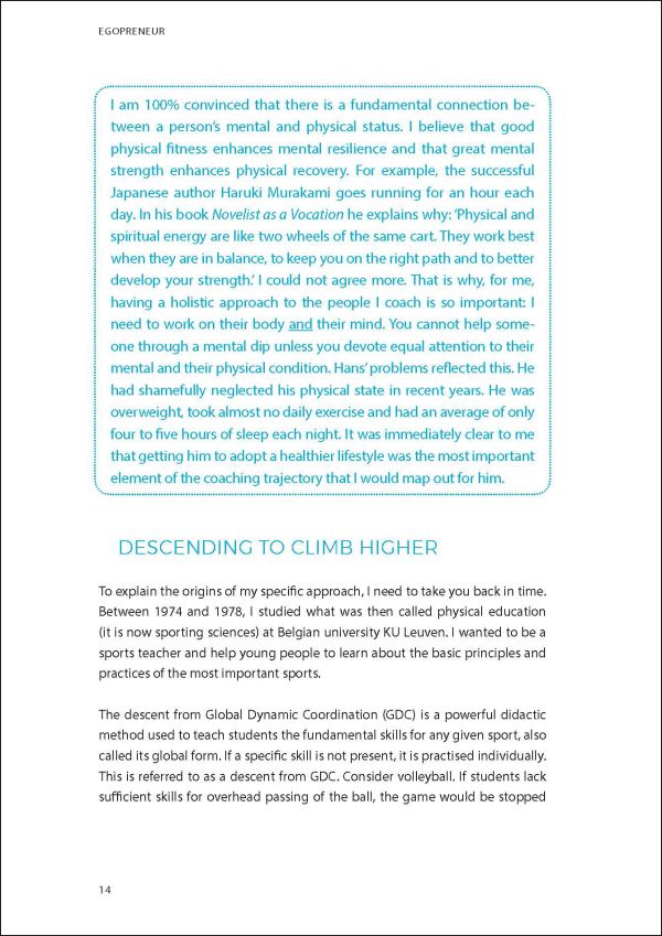 Triple color silhouette of figure jumping in air, on blue cover, 'Egopreneur, Reach the Top Without Losing Yourself', by Lannoo Publishers.