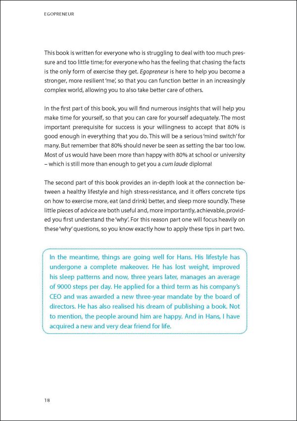 Triple color silhouette of figure jumping in air, on blue cover, 'Egopreneur, Reach the Top Without Losing Yourself', by Lannoo Publishers.