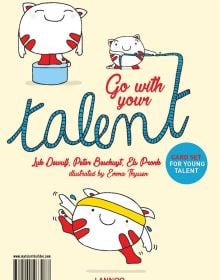 Three white cartoon cats in competitive action, on cream cover, on 'Go With Your Talent, Card Set for Young Talent', by Lannoo Publishers.
